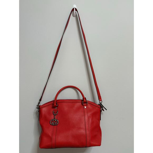 Gucci Red Britt Dome pebbled Satchel GG Leather Large Authentic with duster bag - Picture 11 of 13